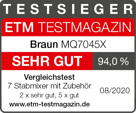 Ein rotes und weißes Rechteck mit Text über einen Braun-Handmixer.