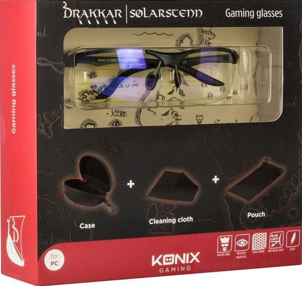 Occhiali da gaming in scatola con custodia, panno e sacchetto. Occhiali con montatura nera visibili.