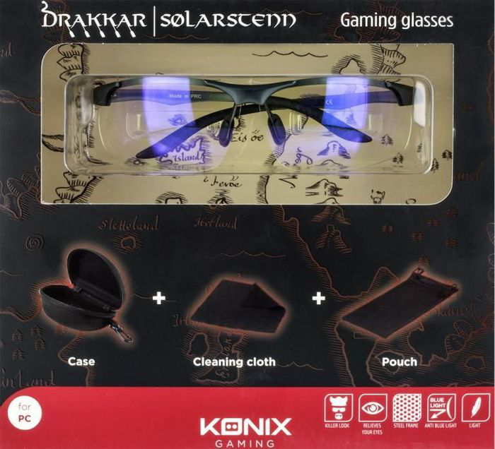 Una scatola con occhiali da gaming, custodia, panno e custodia. L'etichetta dice Konix Gaming.