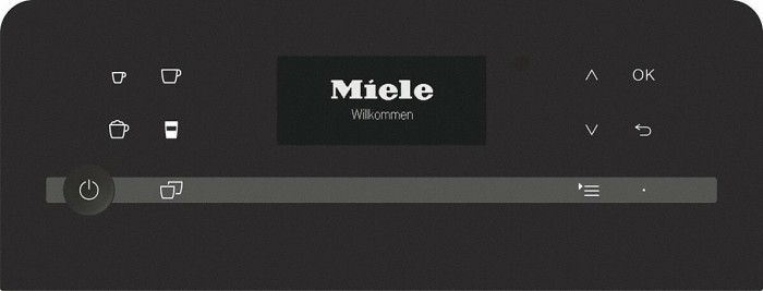 Dunkles Bedienfeld mit Ein-Aus-Taste und Kaffeetassen-Symbolen. Miele-Logo. Text: Willkommen.