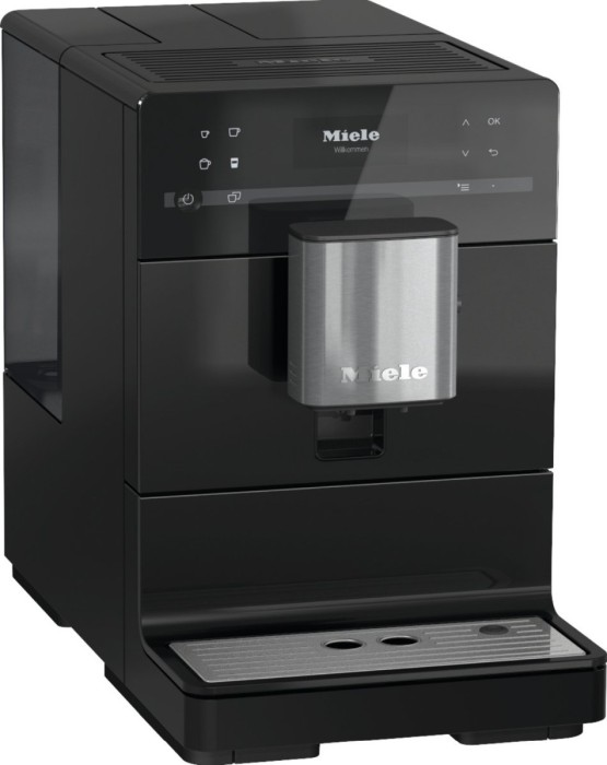 Schwarze Miele Kaffeemaschine. Edelstahldetails. Schwarzer Hintergrund. OK und andere Tasten.