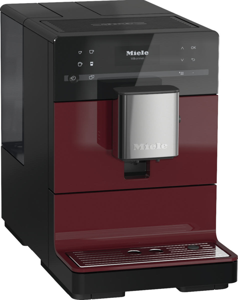 Eine rot-schwarze Miele-Kaffeemaschine. Sie hat einen schwarzen Deckel, eine rote Mitte und einen schwarzen Boden.