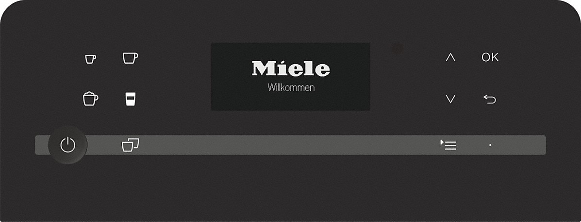 Schwarzes Bedienfeld der Kaffeemaschine mit einer Willkommensnachricht.