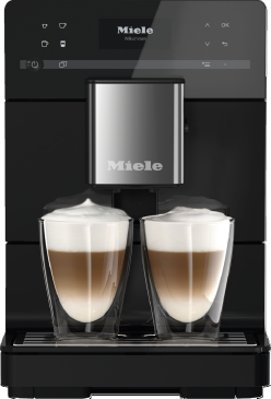 Eine schwarze Miele Einbau-Kaffeemaschine mit zwei Gläsern, die mit geschichtetem Kaffee und Schaum gefüllt sind.