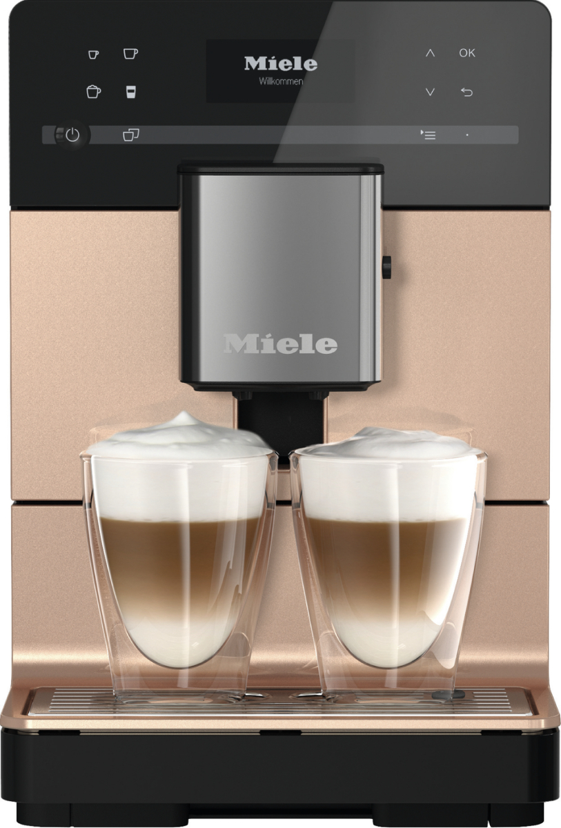 Kaffeemaschine mit zwei Latte-Gläsern. Kupfer-Schwarz-Design, Miele-Logo.