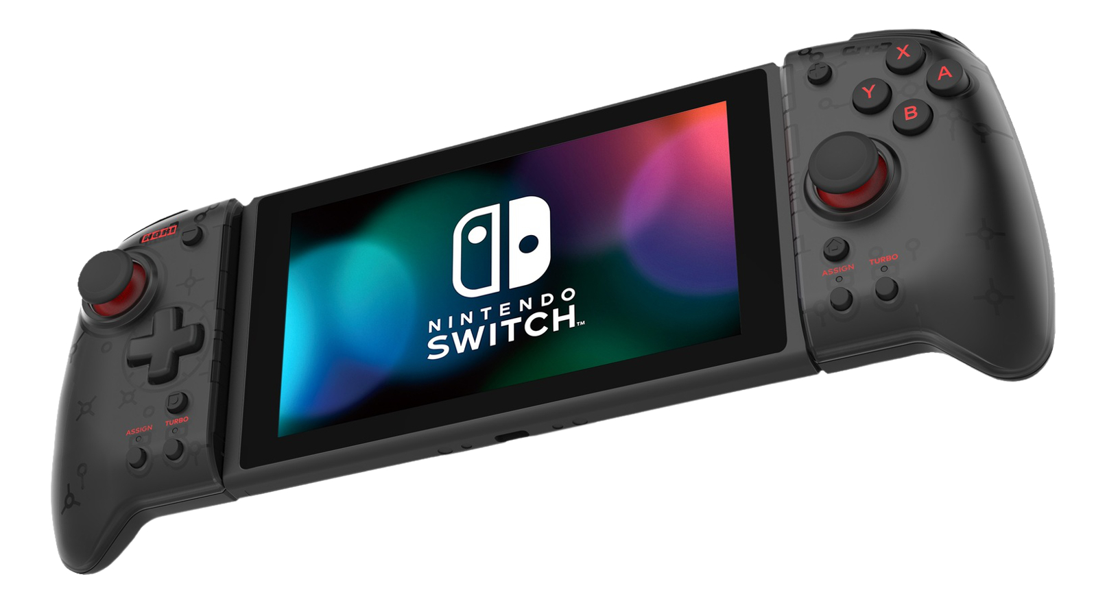 Eine Nintendo Switch mit Joy-Cons, schwarz-rotes Design, auf schwarzem Hintergrund.
