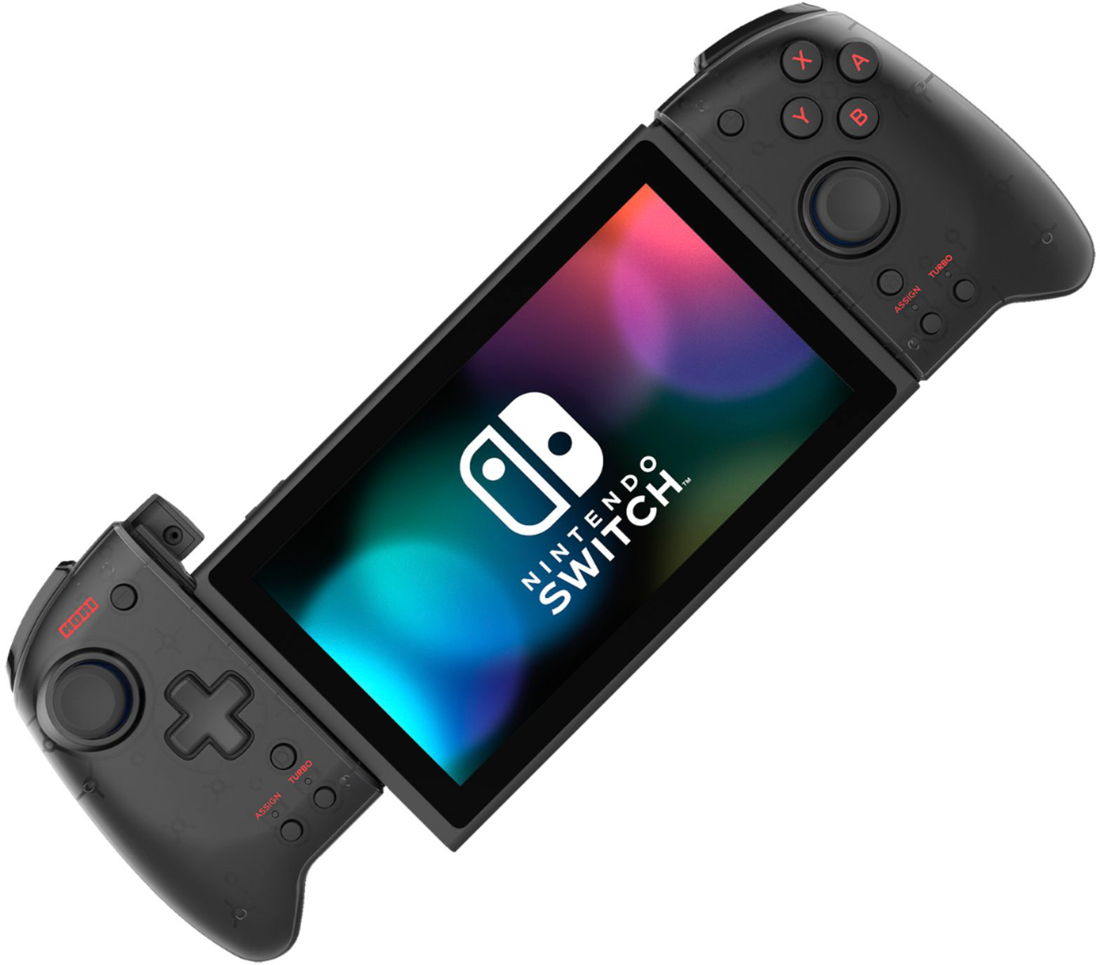 Nintendo Switch in einem schwarzen Controller-Griffgehäuse.