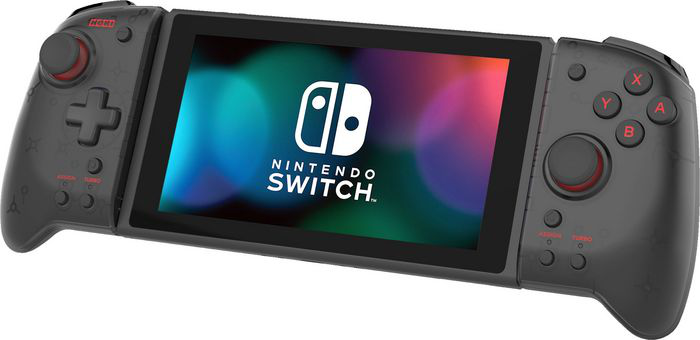Controller für eine Nintendo Switch, schwarz mit roten Knöpfen und Akzenten.