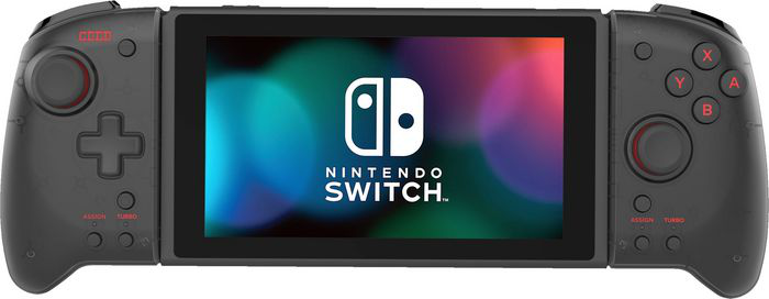 Controller an einem Nintendo Switch befestigt, mit farbenfrohem Hintergrund auf dem Bildschirm.