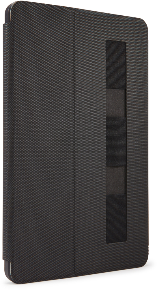 Black tablet case with elastic bands.