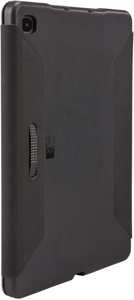 A black tablet case, angled view, with a textured side panel.