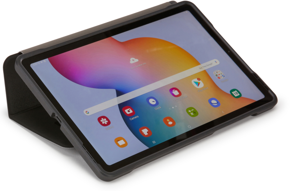 Tablet with cover, showing home screen with app icons.