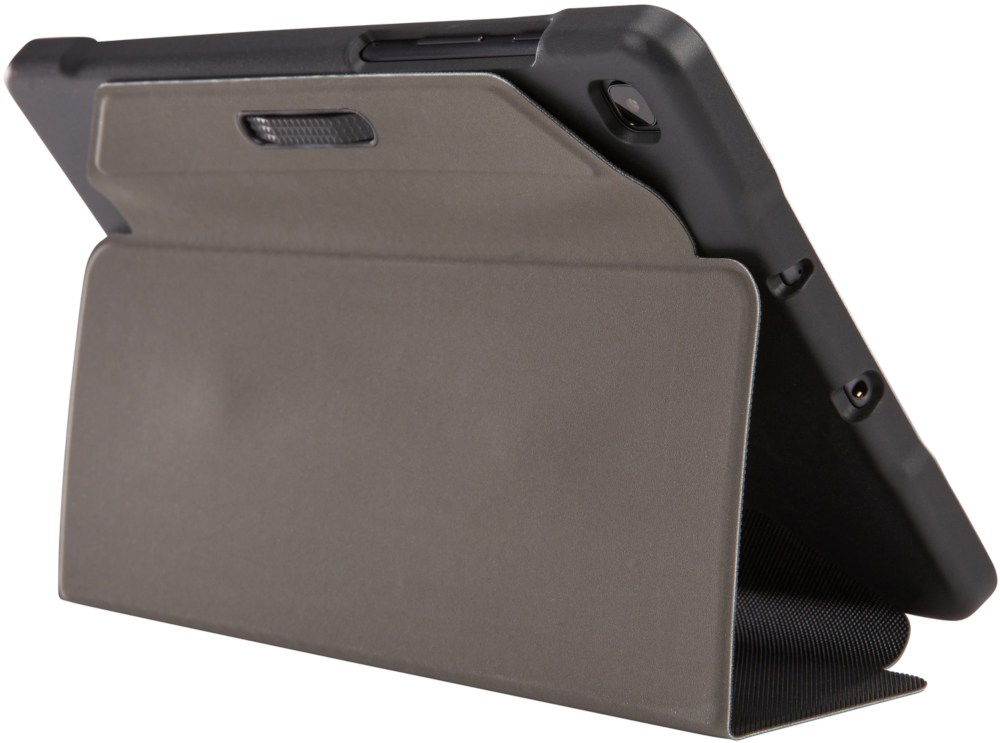 Tablet in a case, propped open. The case is gray and black. The tablet's camera is visible.
