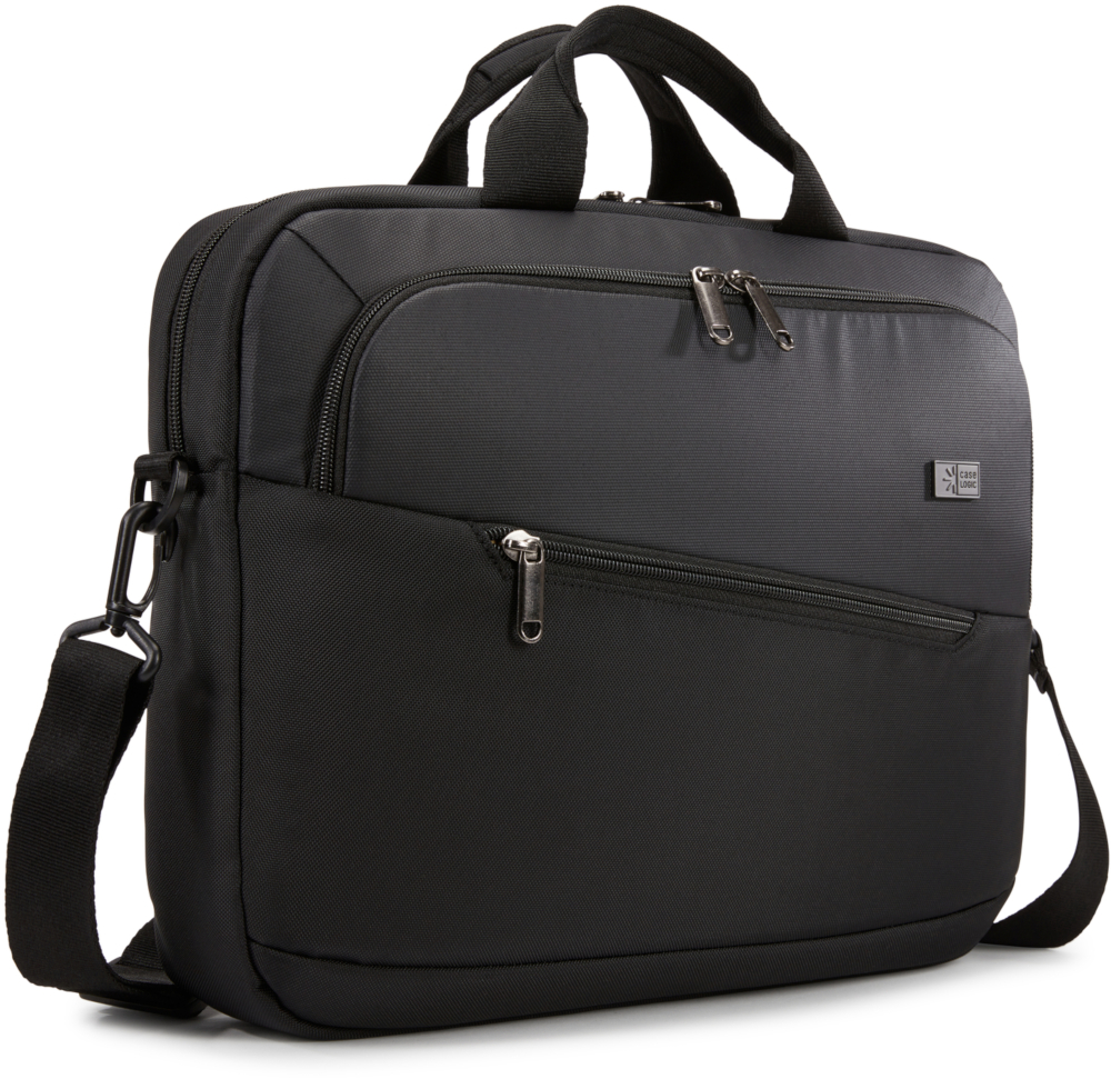 A black Case Logic briefcase with a handle, shoulder strap, and zippers.