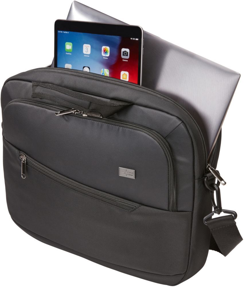 A black messenger bag holds a tablet and laptop. The bag has multiple pockets and a strap.