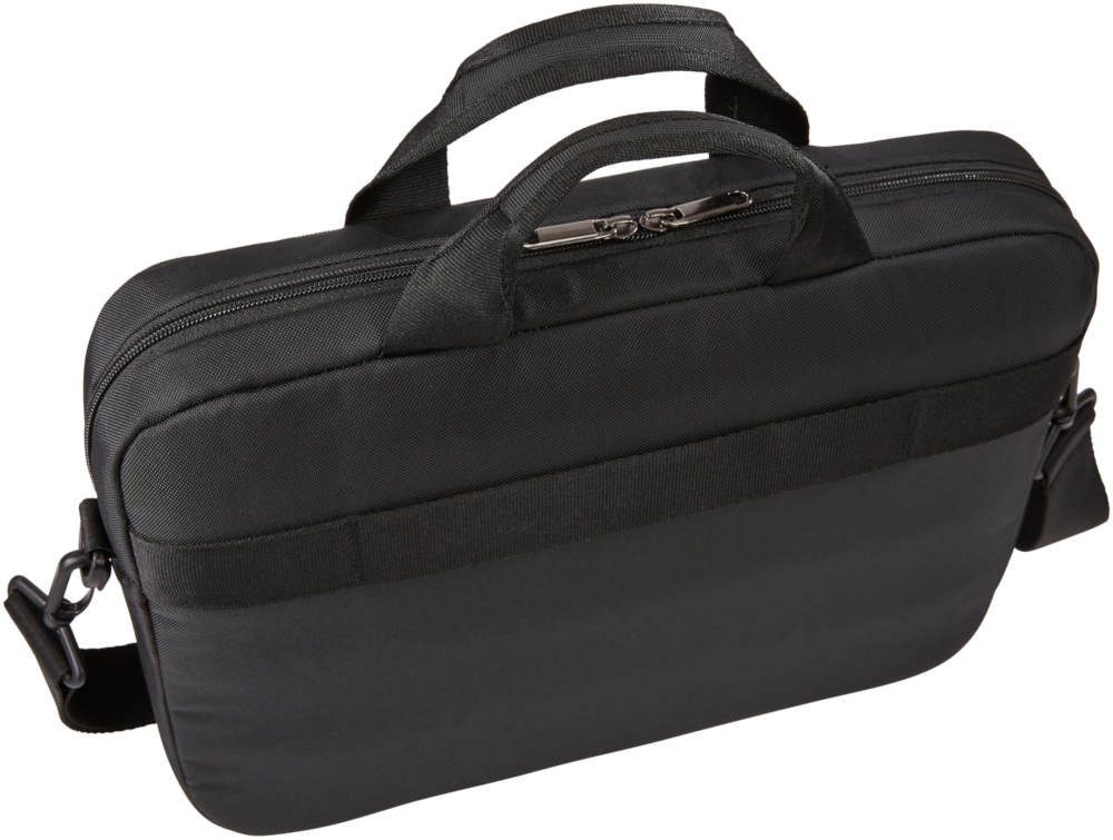 A black laptop bag with a handle, zipper, and shoulder strap.