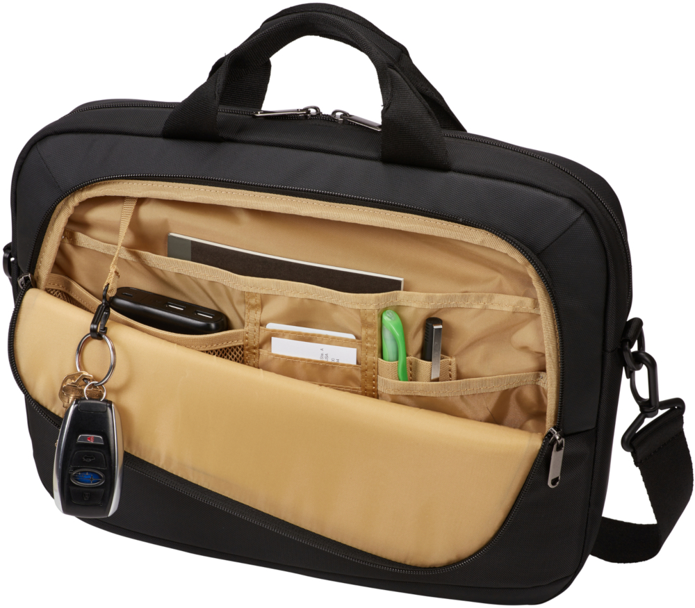 A black briefcase, open with compartments. Contains keys, pens, cards, and devices.