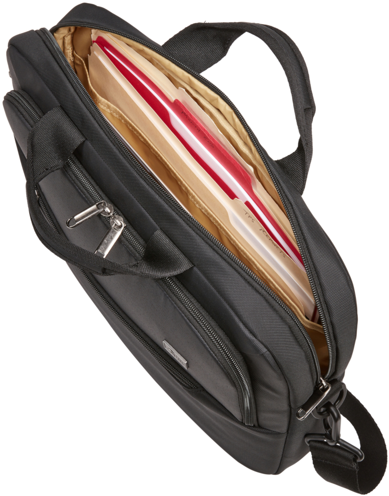 Black briefcase open, showing files. Handle on top, zippers and a shoulder strap.