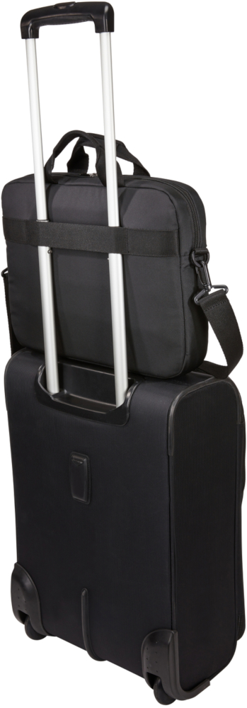 Black suitcase with black bag on top, handle extended.