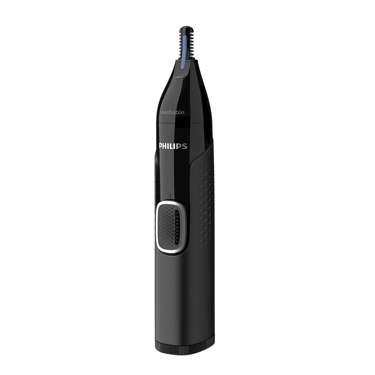 Een zwarte neushaartrimmer met een blauw lampje en een knop.