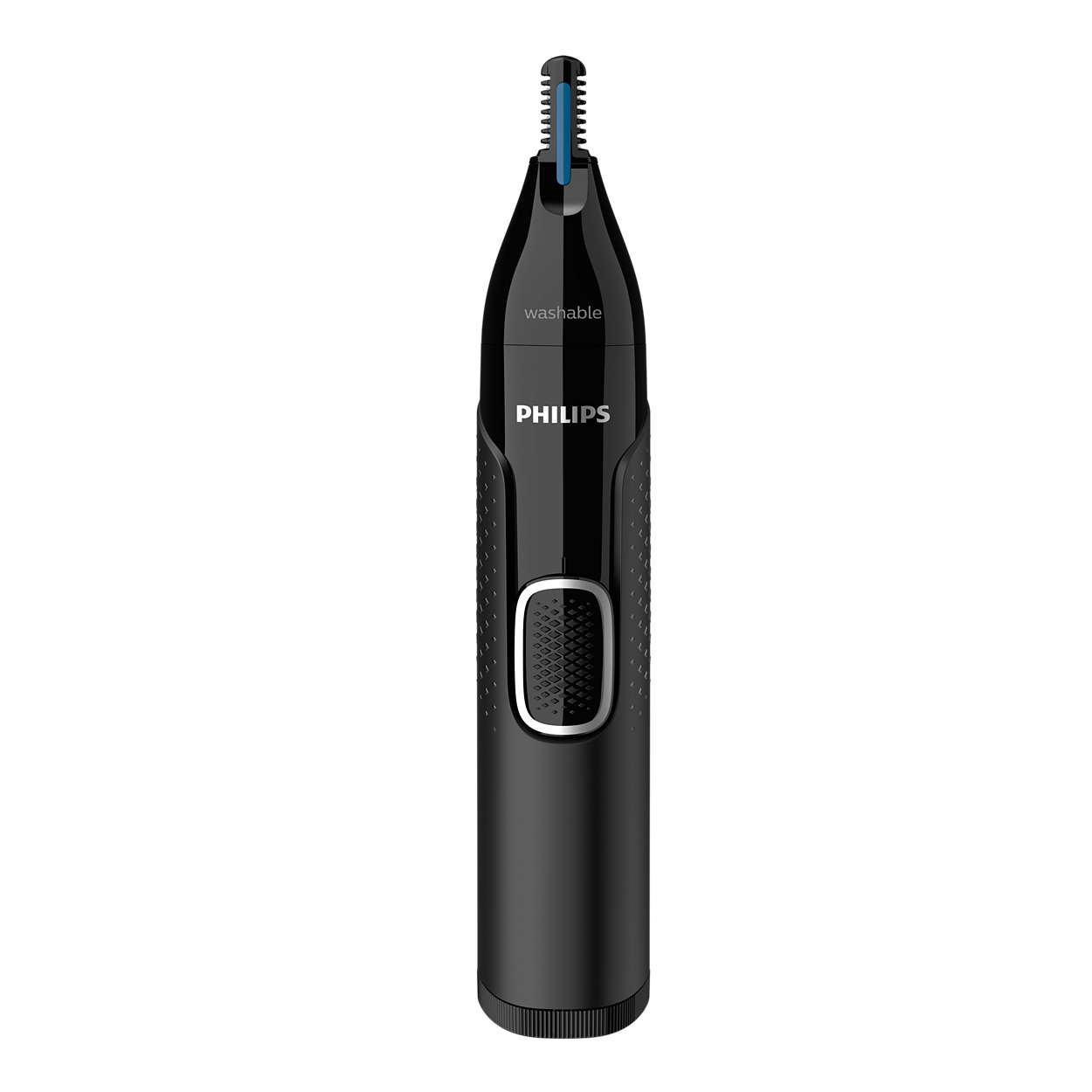 Zwarte Philips neushaartrimmer met een blauwe trimkop.