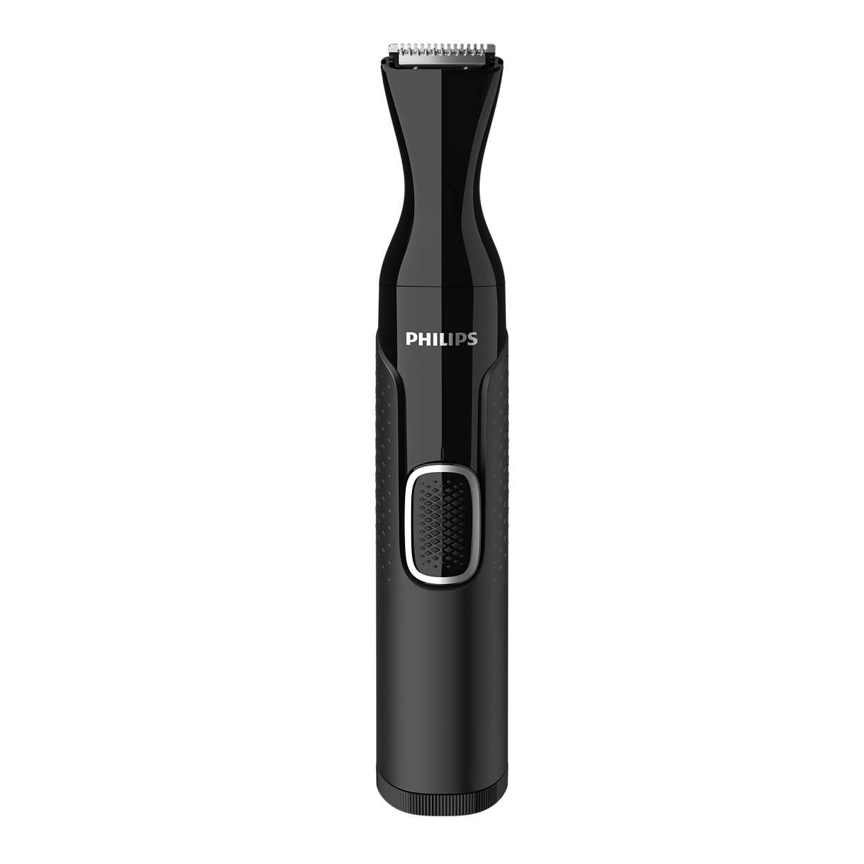 Zwarte Philips neus- en oorhaartrimmer, slank ontwerp, met een aan/uit-knop en merknaam, geïsoleerd.