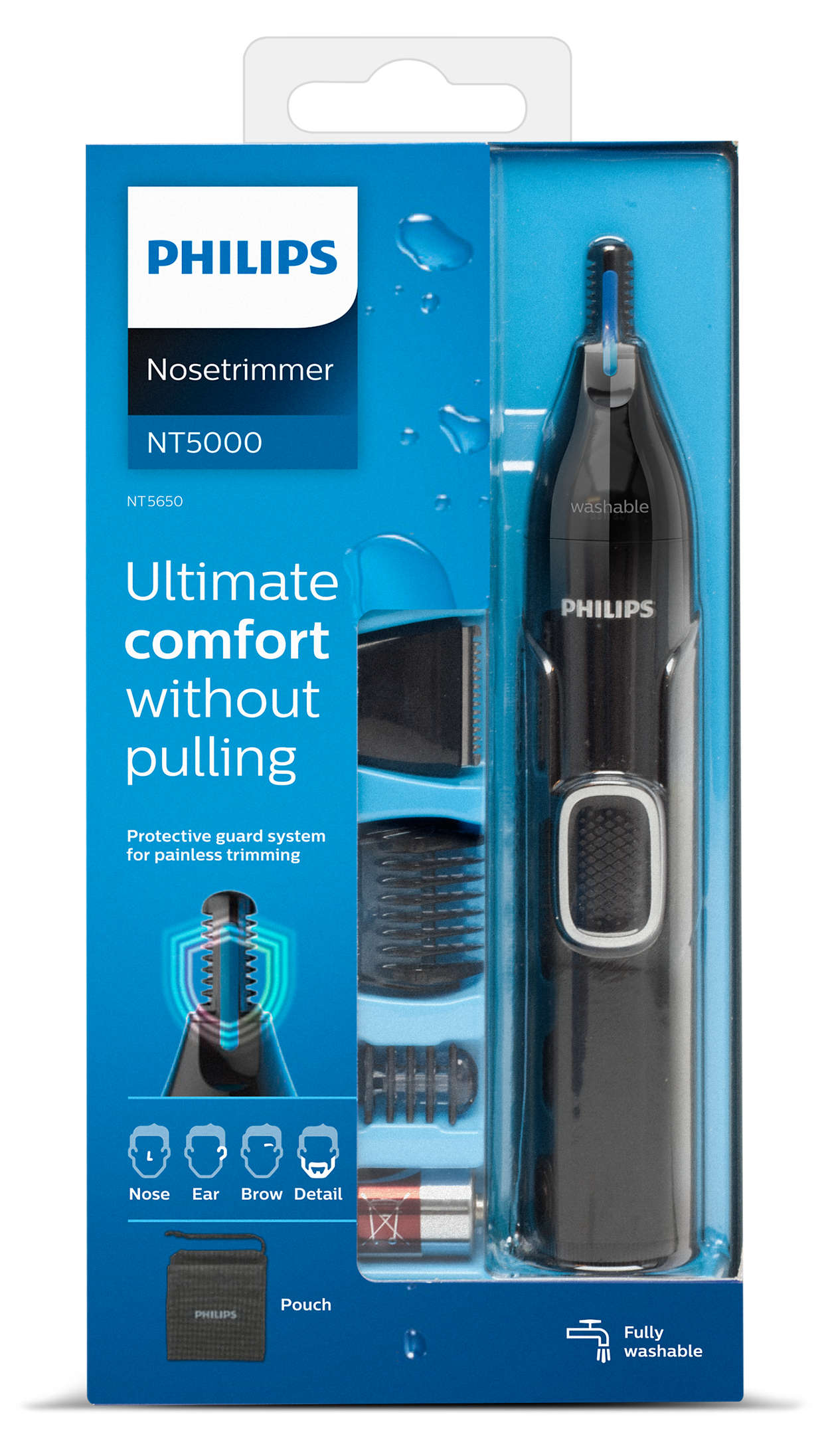 Philips neustrimmer in een blauwe doos. De doos toont de trimmer en zijn functies.