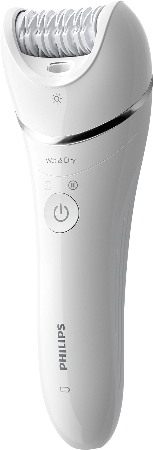 Witte elektrische epilator, nat en droog, met aan/uit- en pauzeknop, op een witte achtergrond.