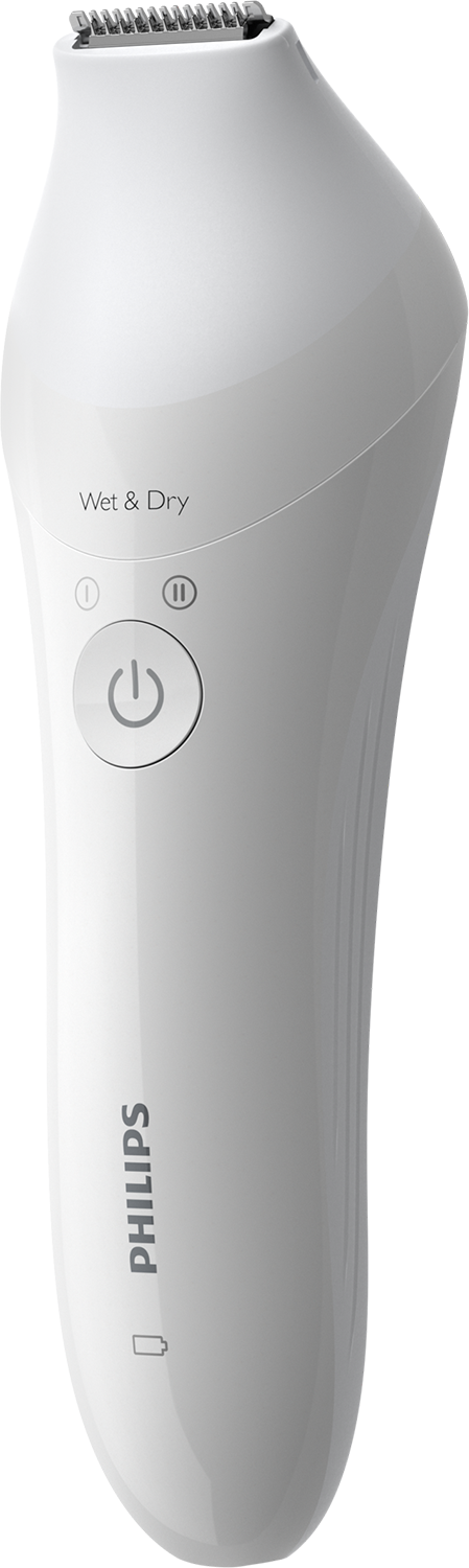 Witte Philips nat & droog trimmer met aan/uit en pauze knoppen, schuine weergave.