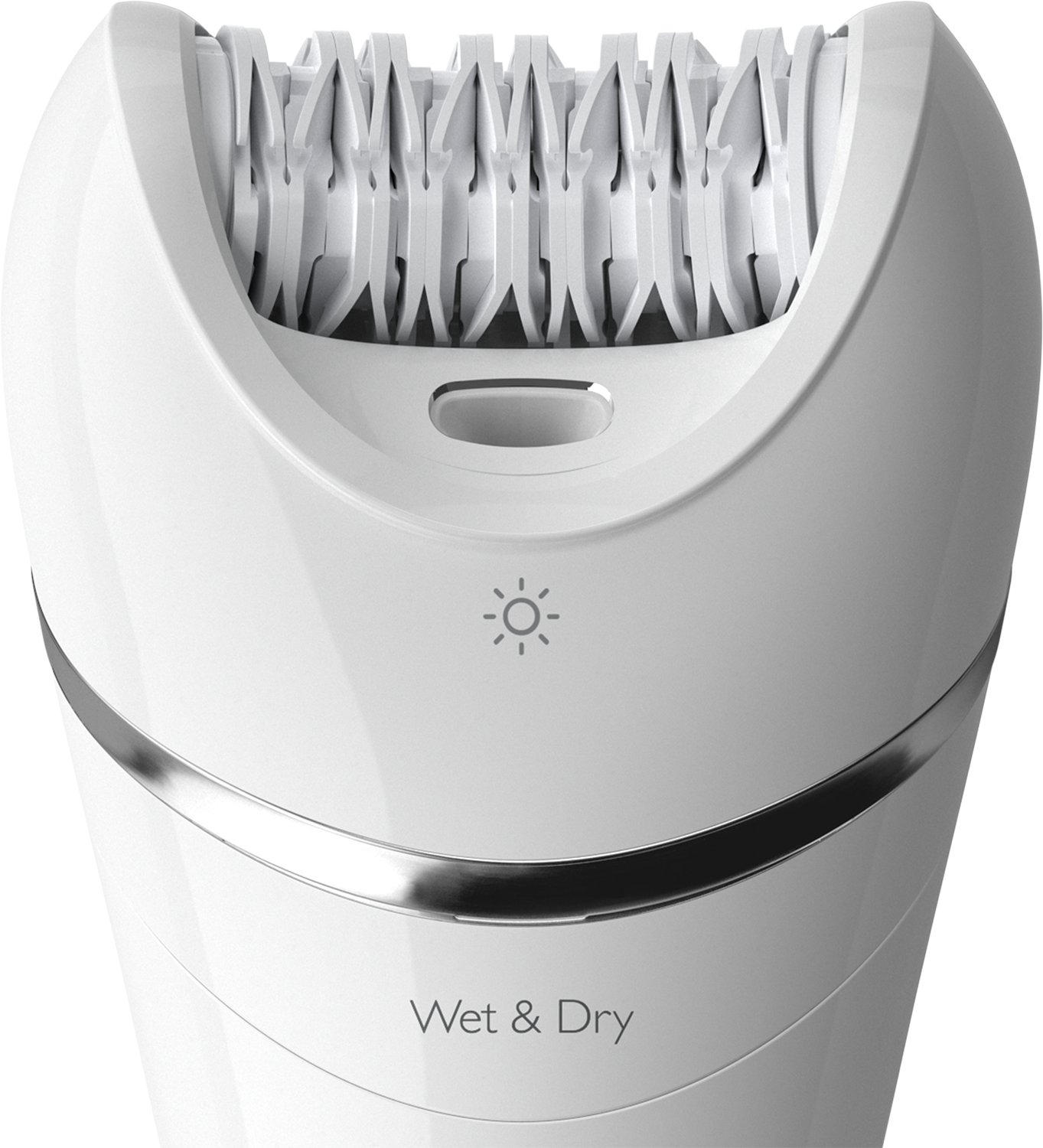 Witte Philips epilatorkop. Met een lichtindicator en label Wet & Dry.