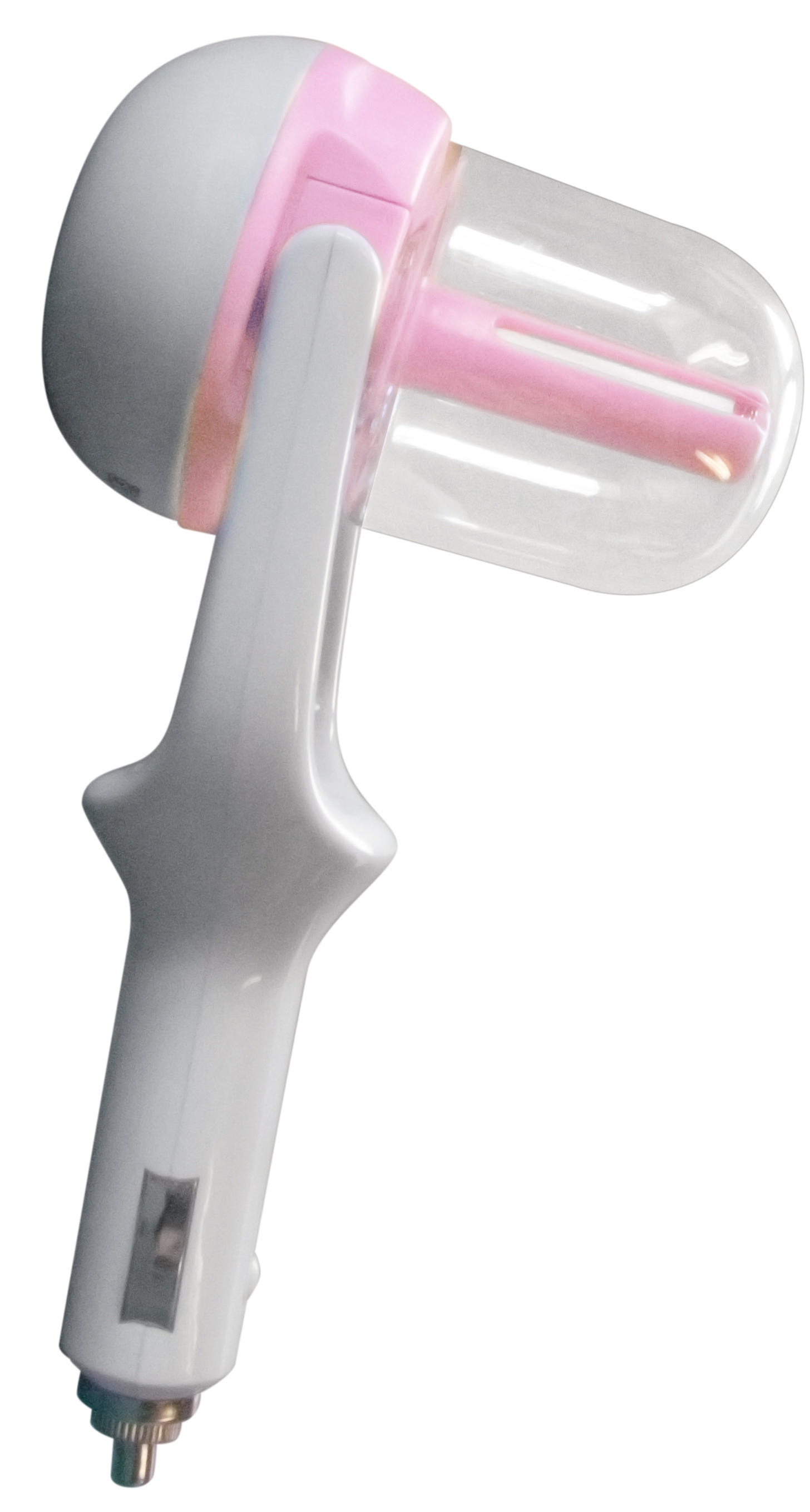 Weißer und rosa Auto-Lufterfrischer mit silbernem Stecker.