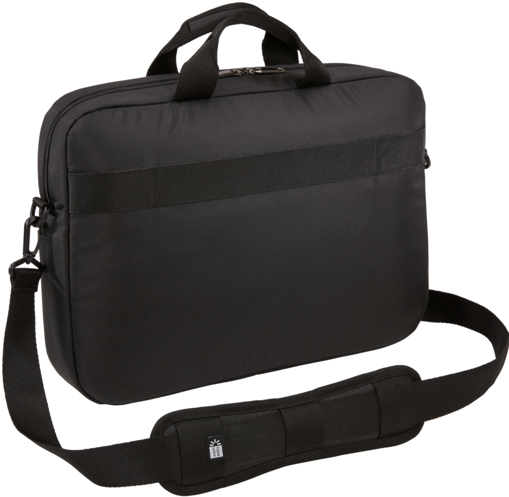 Zwarte Case Logic laptoptas met schouderriem. Een klein logo op de riem.