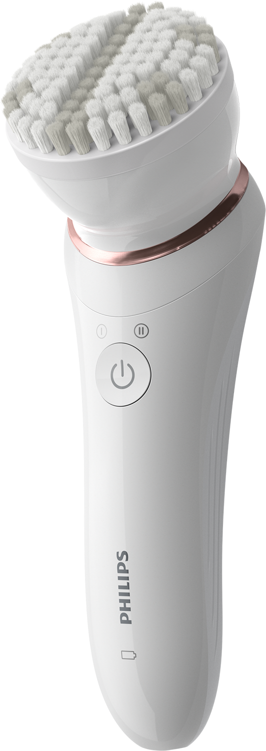 Witte Philips gezichtsreinigingsborstel met een roségouden ring. Het heeft aan/uit- en pauzeknoppen.