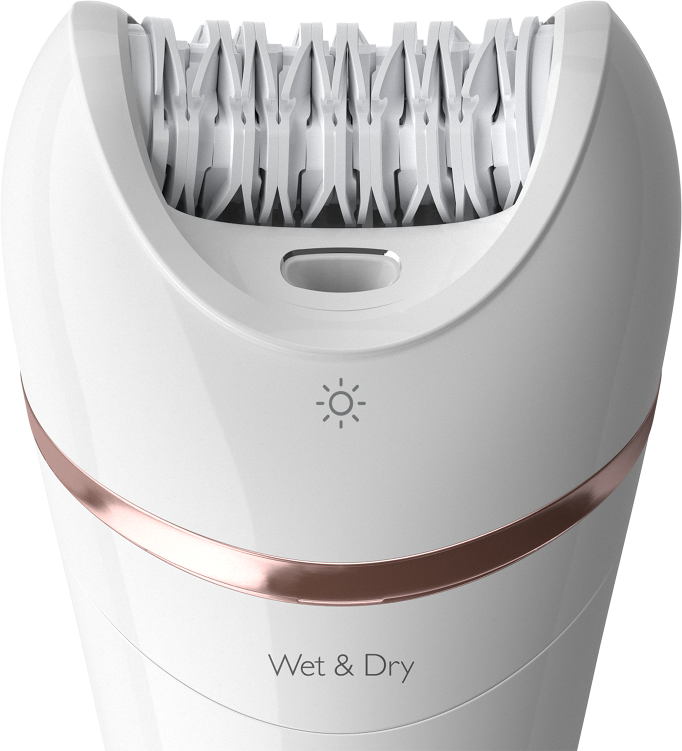 Witte Philips epilatorkop. Met een lichtindicator en label Wet & Dry.
