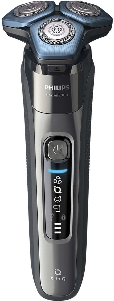 Rasoir Philips gris foncé. Trois têtes et écran numérique.