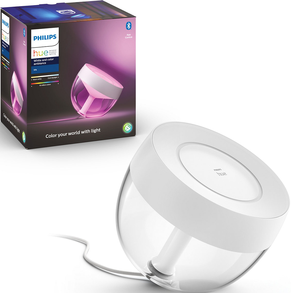 Weiße und pinkfarbene Philips Hue Leuchte mit einer Box im Hintergrund.