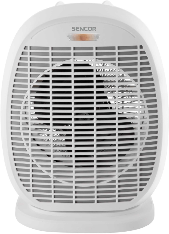 Fehér Sencor ventilátoros fűtőtest ráccsal és fénnyel a tetején, elölnézet.