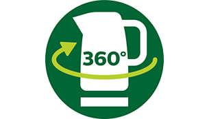 Symbol eines weißen Wasserkochers mit grünem Ring. Ein grüner Pfeil zeigt eine 360-Grad-Drehung.