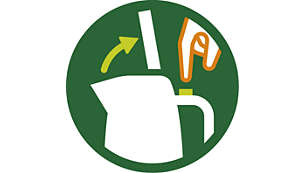 Grünes kreisförmiges Symbol mit einer Hand, die Flüssigkeit aus einem Wasserkocher in eine Tasse gießt, gelber Pfeil.