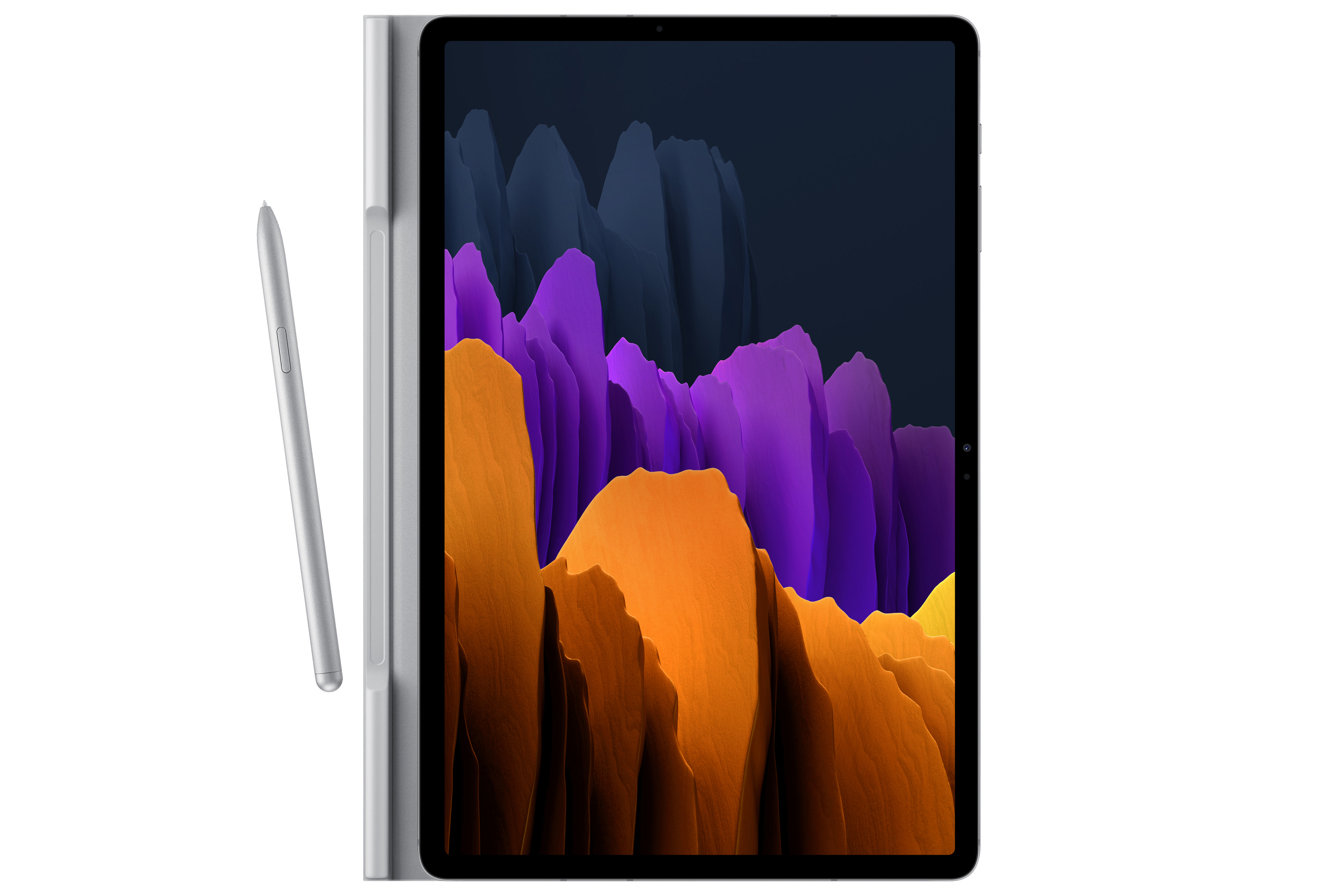 Silbernes Tablet mit Stift, abgewinkelt. Bildschirm zeigt farbenfrohe, abstrakte Formen.