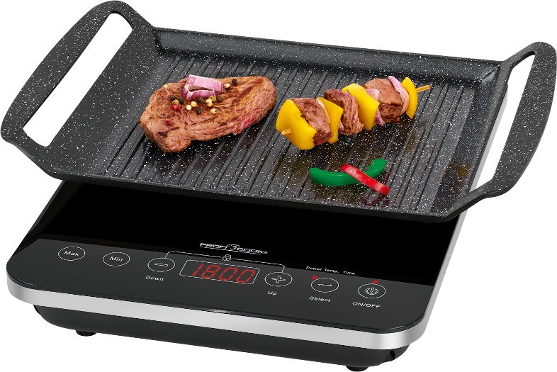 Fekete elektromos grill steakkel, nyárssal és a sütési időt mutató digitális kijelzővel.