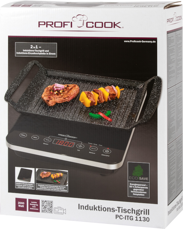 Profi Cook indukciós asztali grill étellel, fehér háttér előtt. A vezérlőpanel látható.