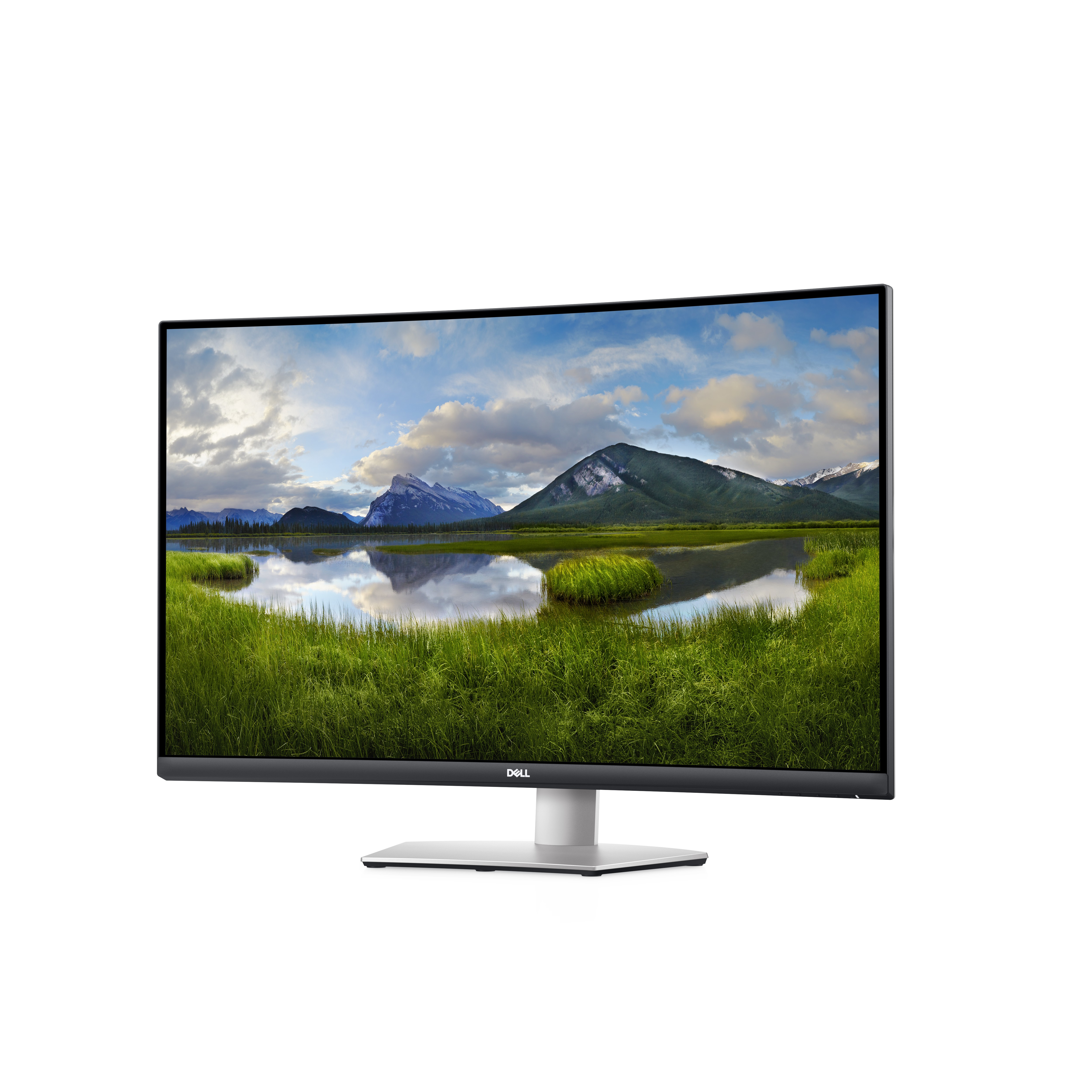 Dell-Monitor mit gewölbtem Bildschirm. Zeigt Berge und Seeblick.