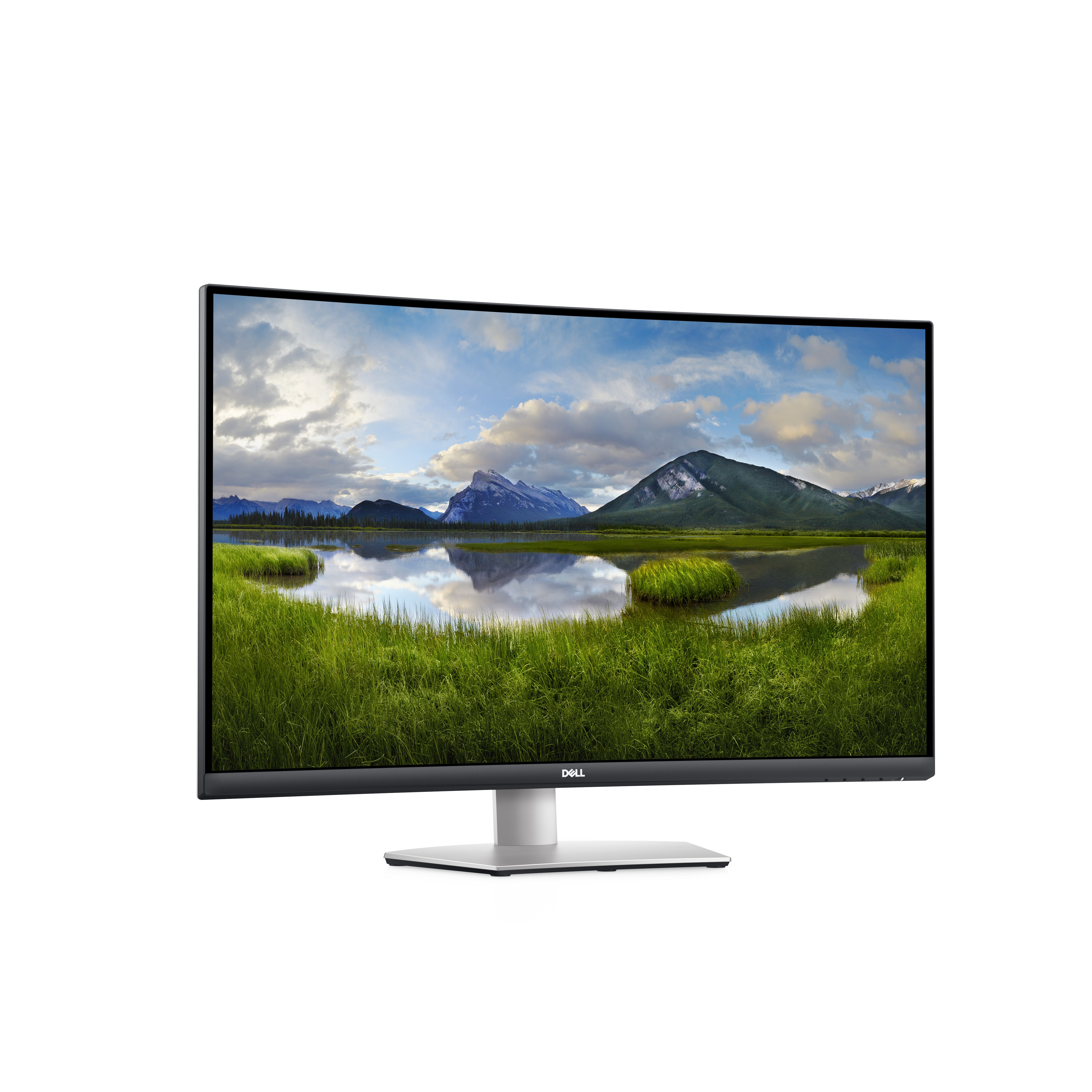 Ein gekrümmter Monitor, der eine Landschaft mit Bergen und einem See zeigt.