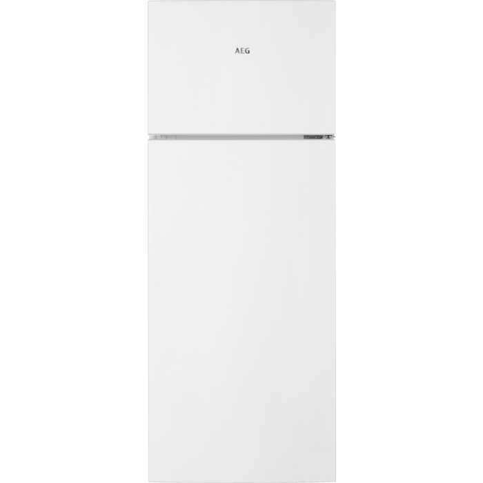 Weißer AEG Kühlschrank. Oberer Teil für Gefrierschrank. Unterer Teil für Kühlung. Sauberes, schlichtes Design.