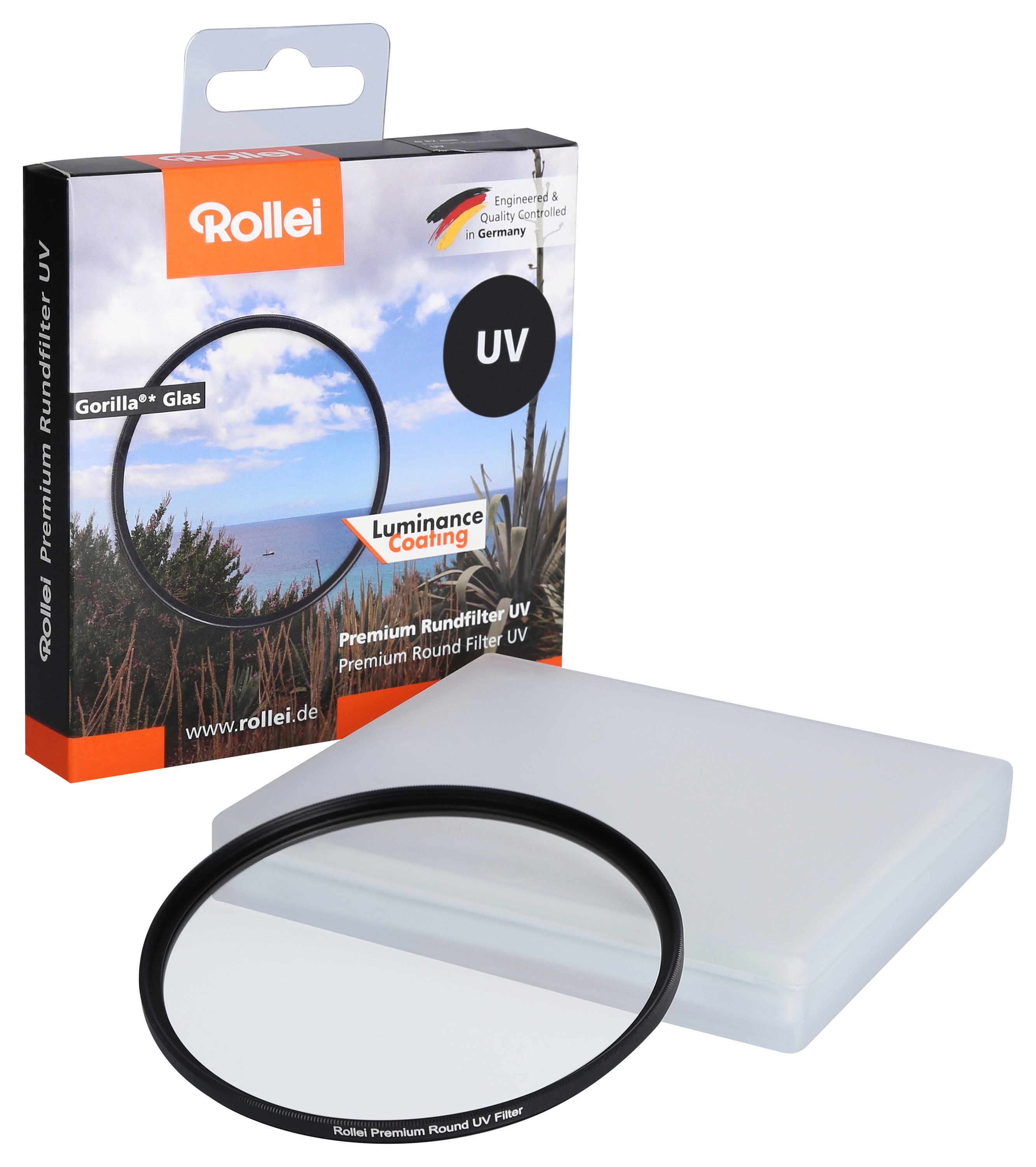 Rollei runder UV-Filter mit Box, vor Himmel- und Meereshintergrund mit Text.