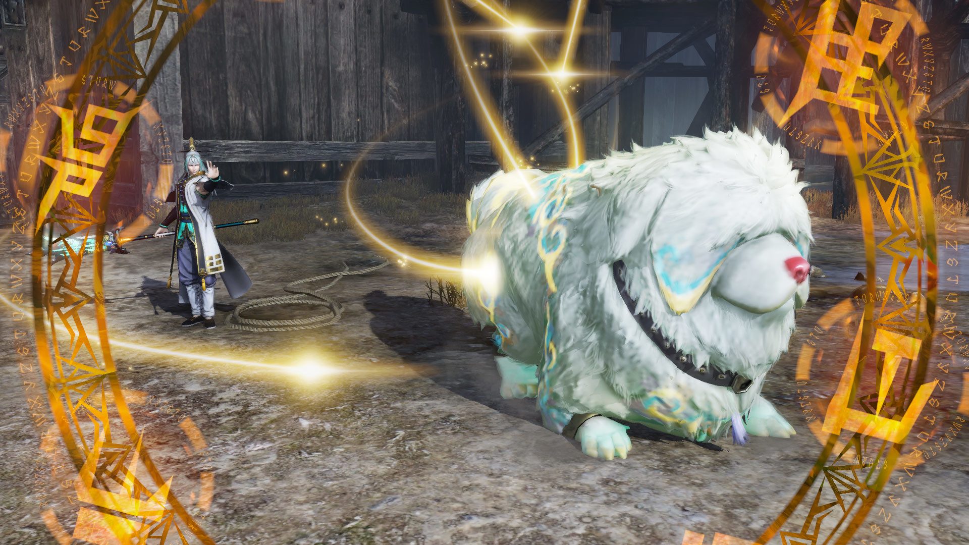 Un personnage dans un jeu avec un grand chien moelleux dans un cercle de lumière.