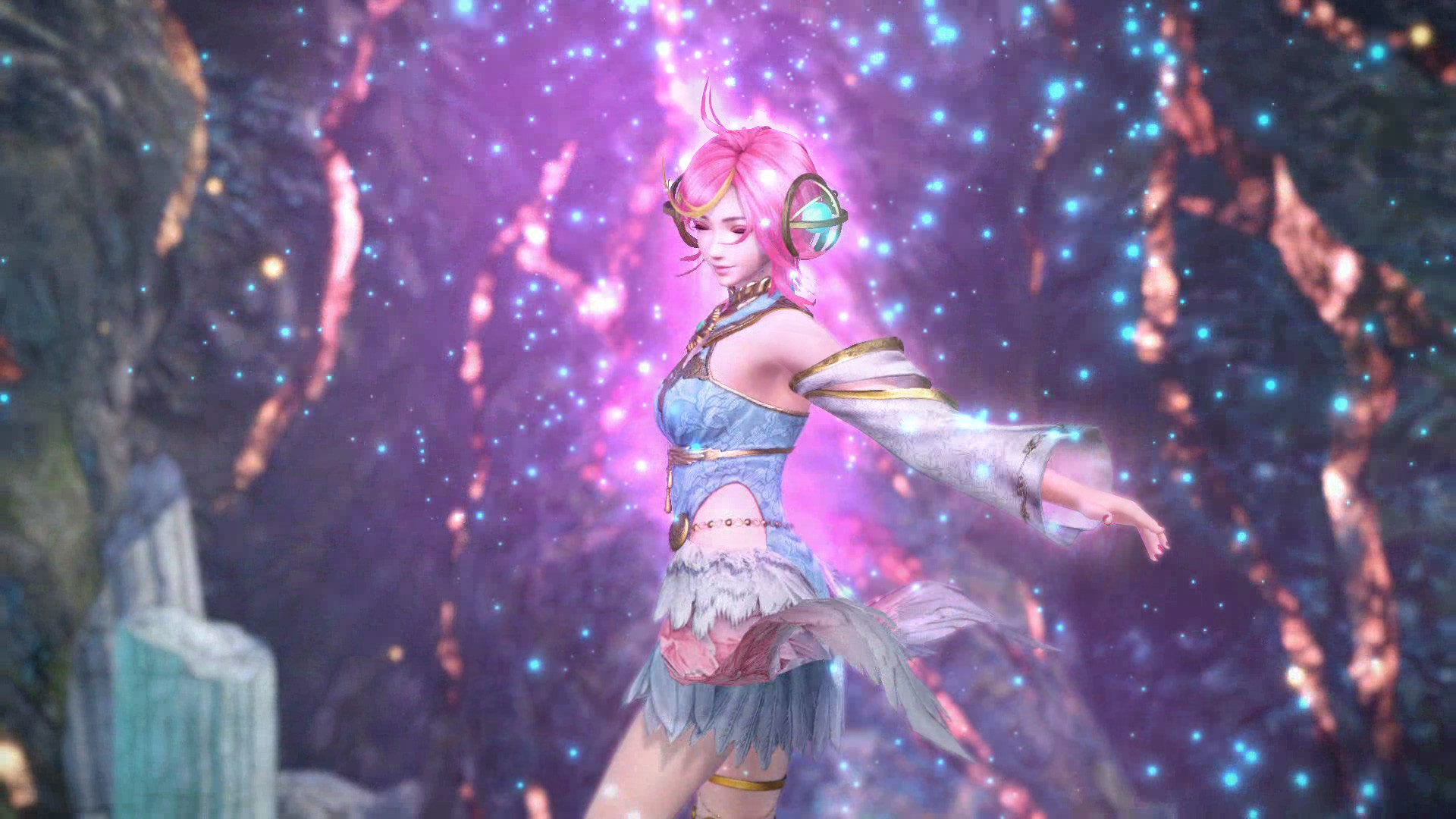 Un personnage féminin dans un cadre fantastique, portant une robe bleue et un casque rose, dansant avec un sourire.