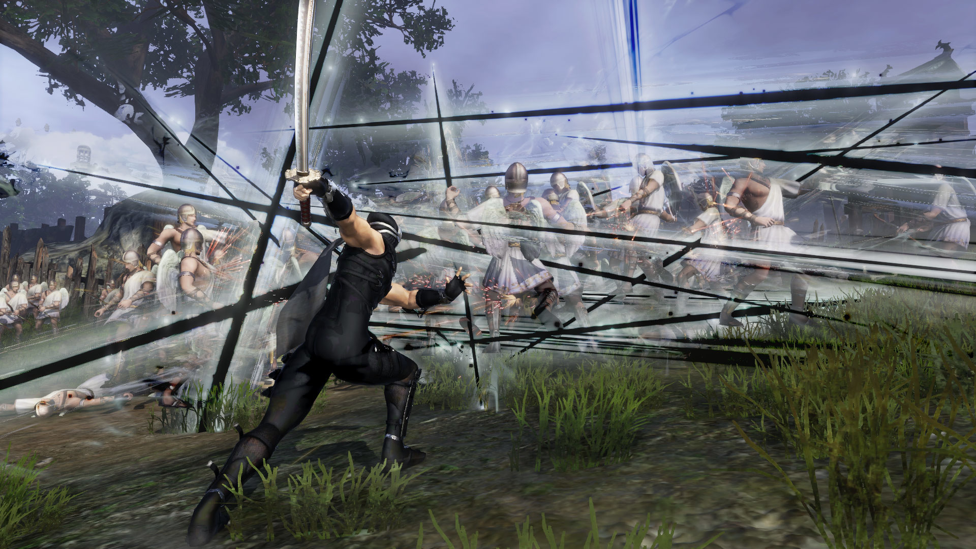 Un personnage de type ninja combattant des ennemis avec une épée dans un environnement virtuel, entouré d'effets de lumière.