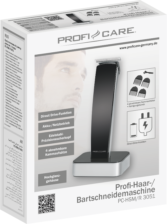 ProfiCare PC-HSM/R 3051 szakállvágó doboza, a termék képével és funkcióival.